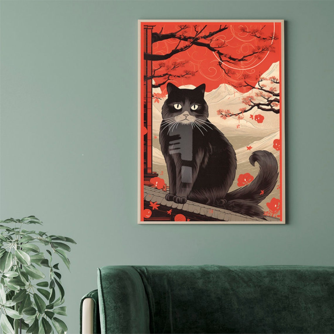 Japanese Black Cat Cherry Blossom Rooftop Ukiyo E Style Poster - Image 2