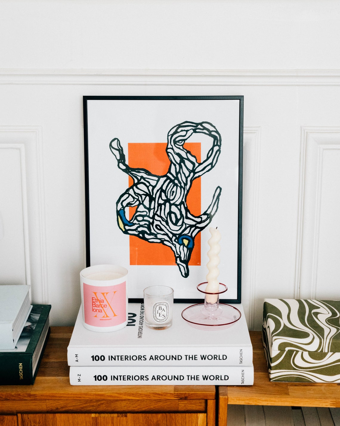Twisted Line Creature Abstract Over Coral Red Block Art Poster - Image 2