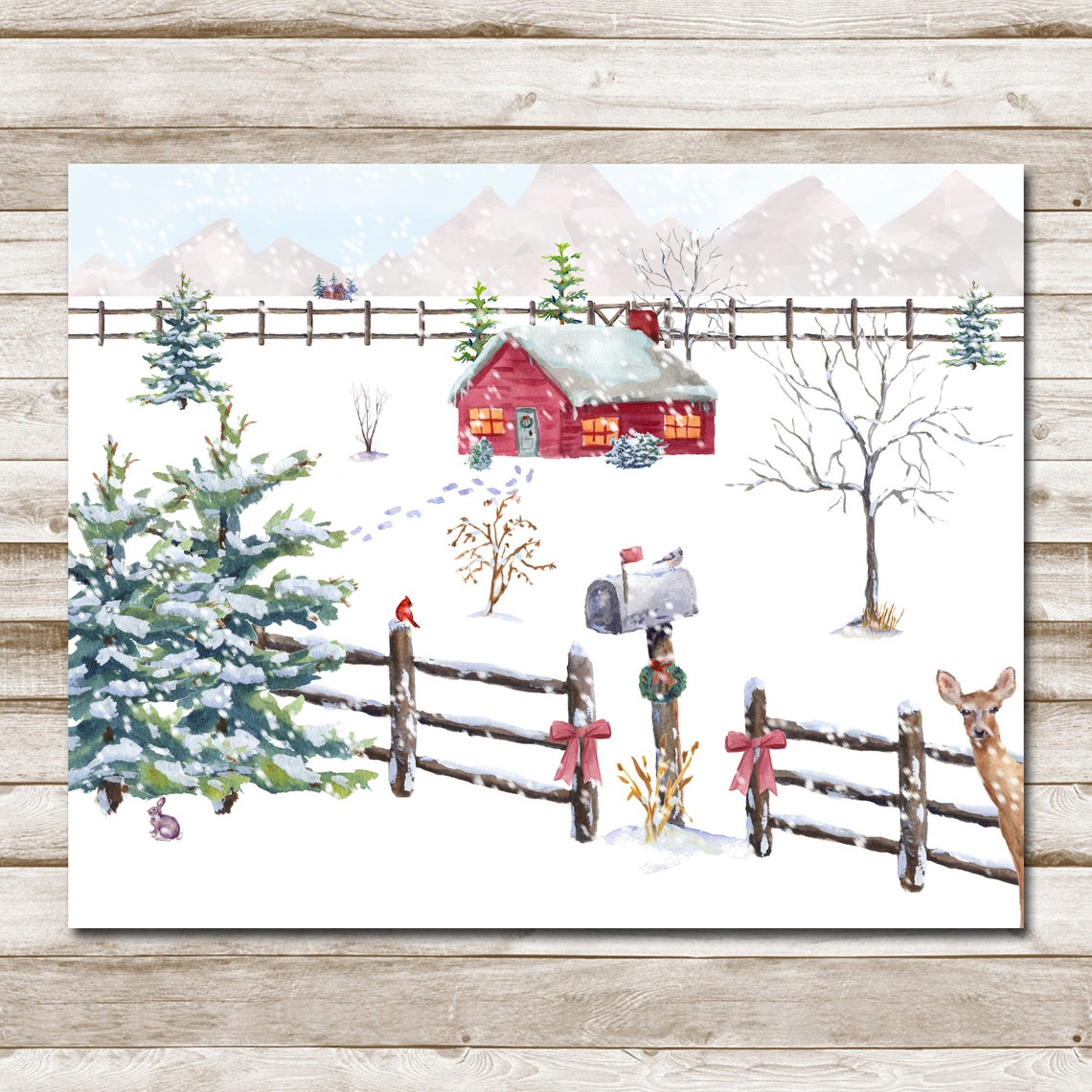 Country Christmas Red House 5x7 8x10 11x14 16x20 18x24 Snow Scene Deer Holiday Decor Watercolor Winter Print Farmhouse Diy Decor - Image 4