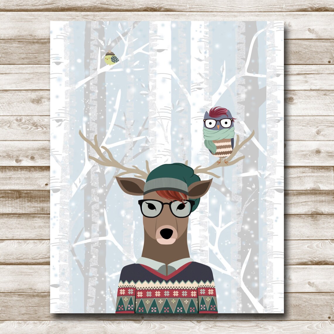 Whimsical Deer Wearing Glasses And Winter Sweater Owl Snowy Forest Poster - Image 4