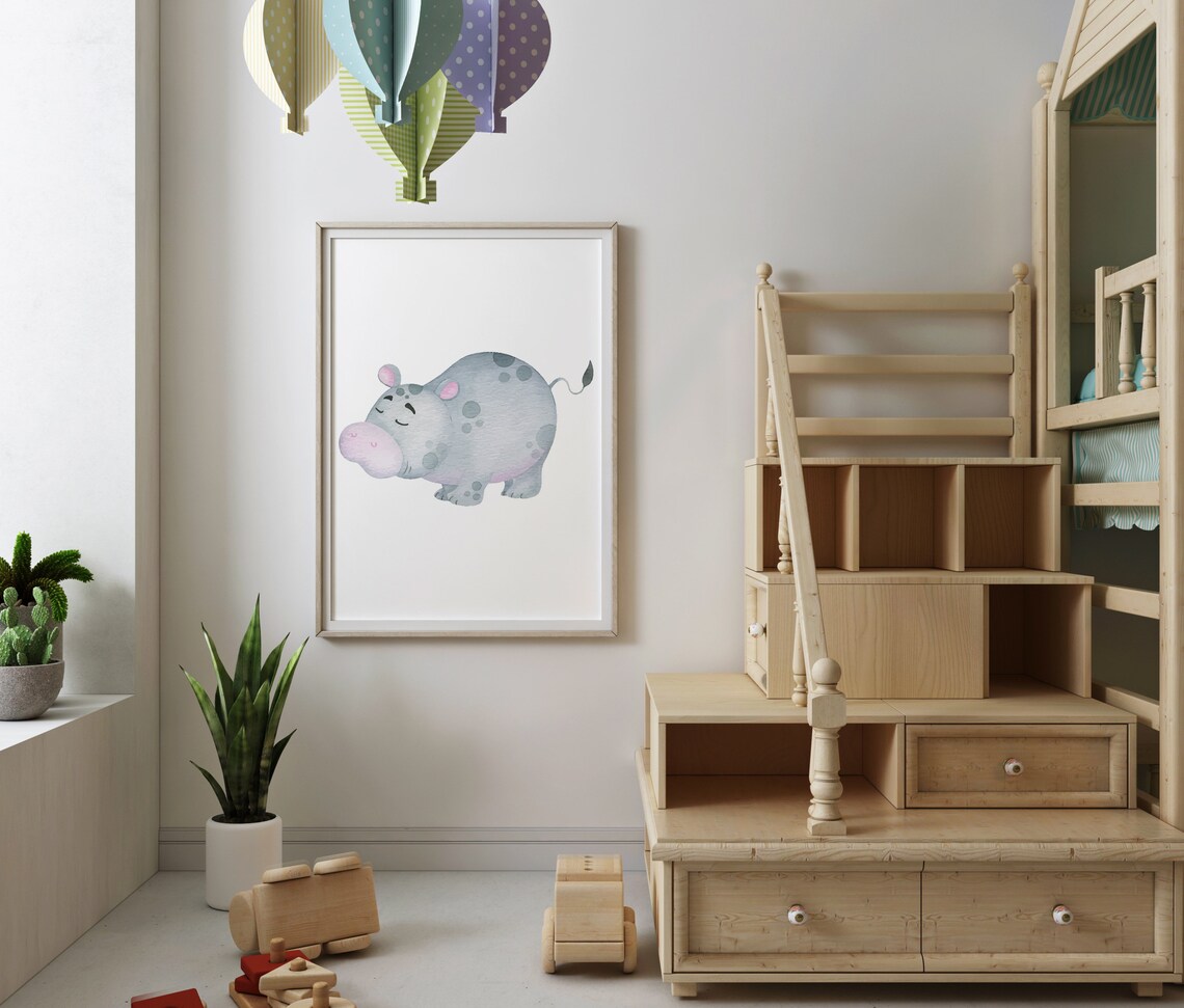 Watercolor Baby Hippo Sleeping Nursery Wall Art Cute Safari Animal Poster - Image 3
