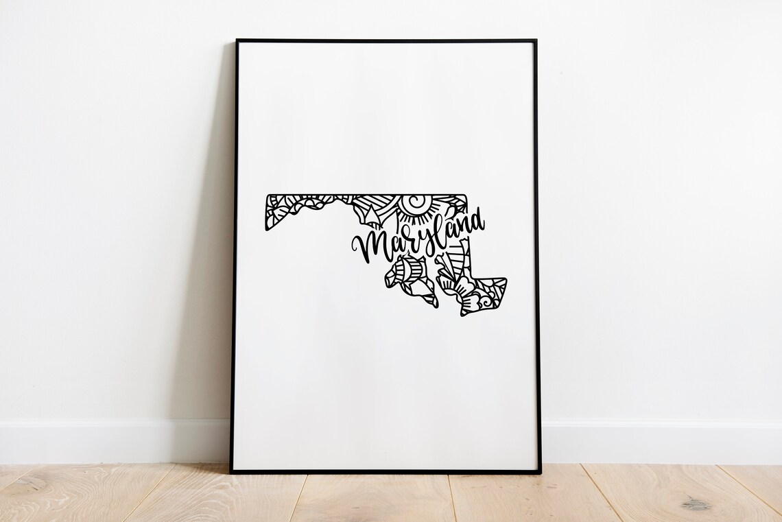 Maryland Floral Mandala State Outline Map Black White Home Decor Poster - Image 2