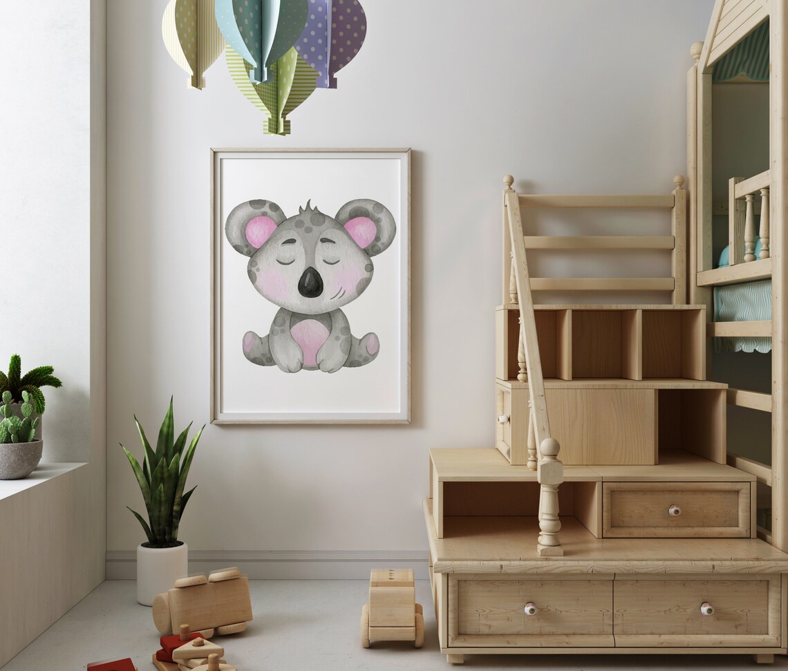 Watercolor Baby Koala Sleeping Nursery Wall Art Cute Animal Portrait Poster - Image 3