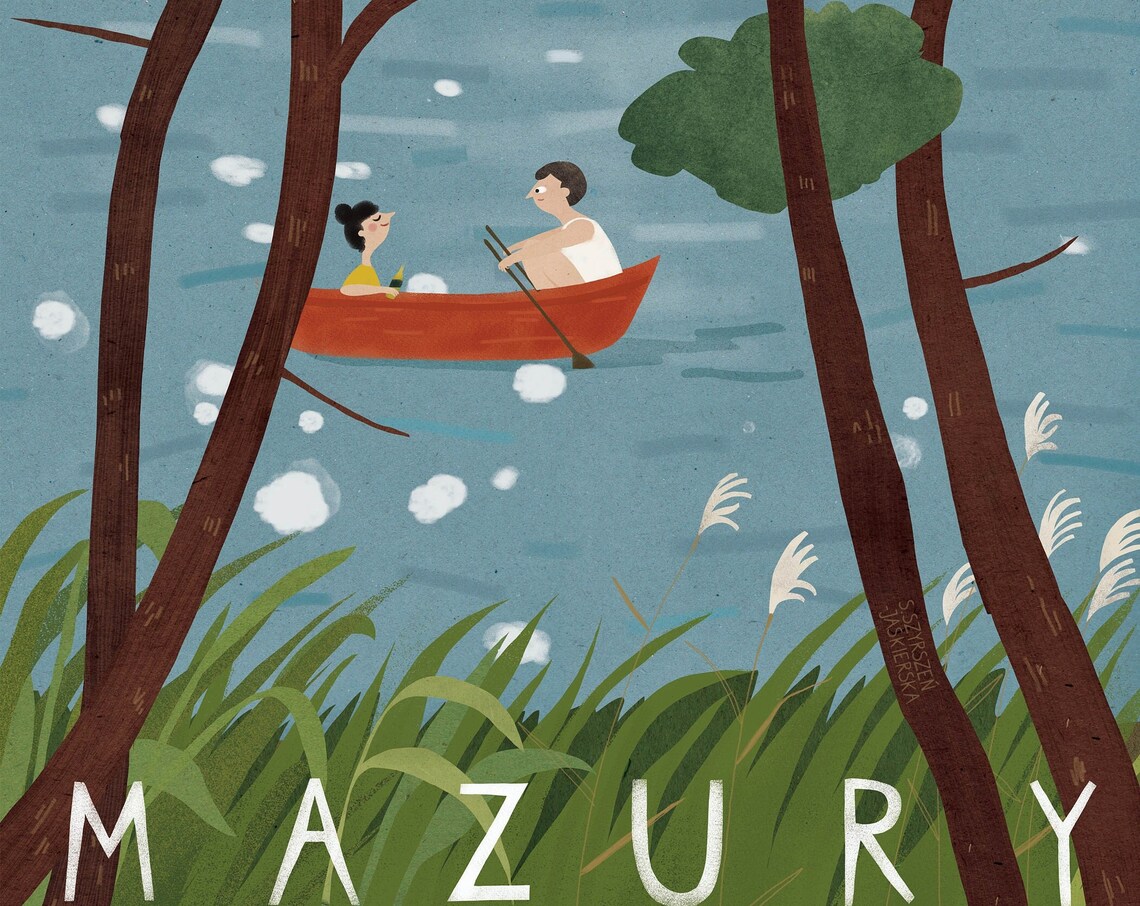 Mazury Lake District Red Canoe Couple Peaceful Travel Poster