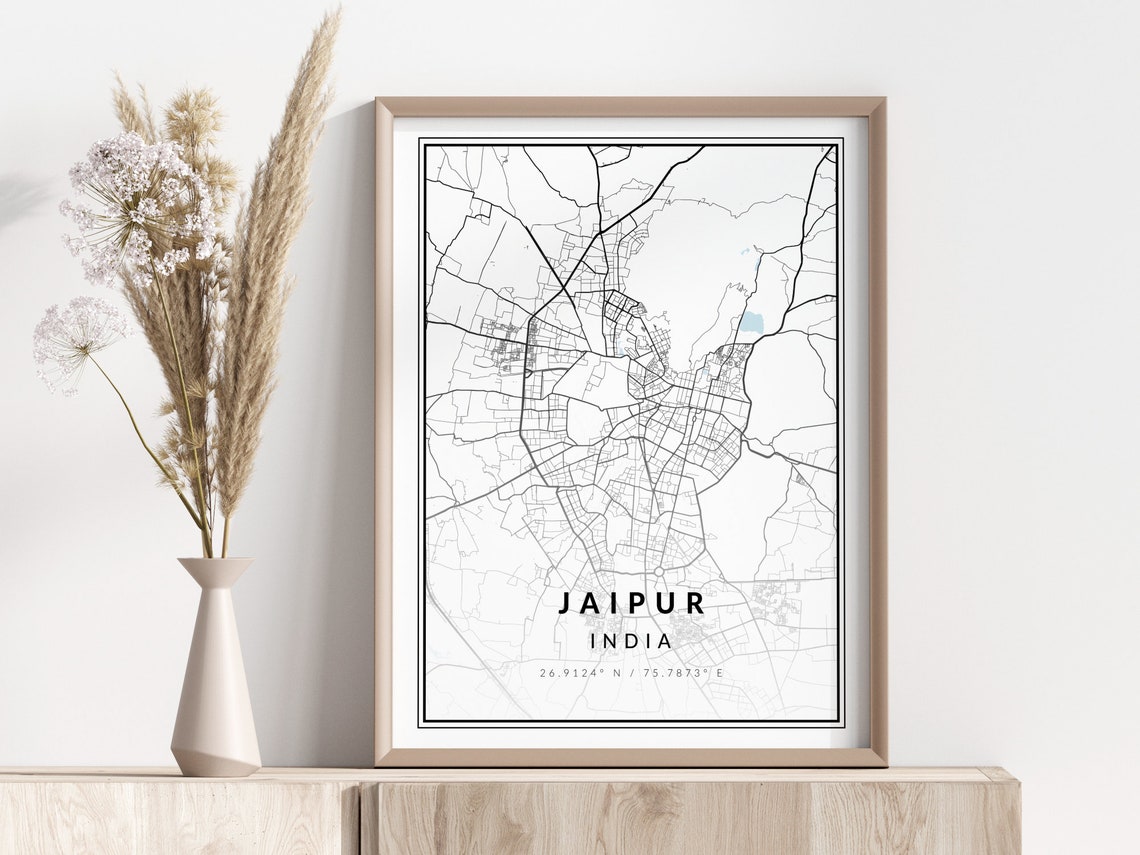 Jaipur India Street Map Black White Geographic Coordinates Wall Art