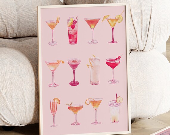 Cocktails Watercolour Vintage Poster, Kitchen Decor