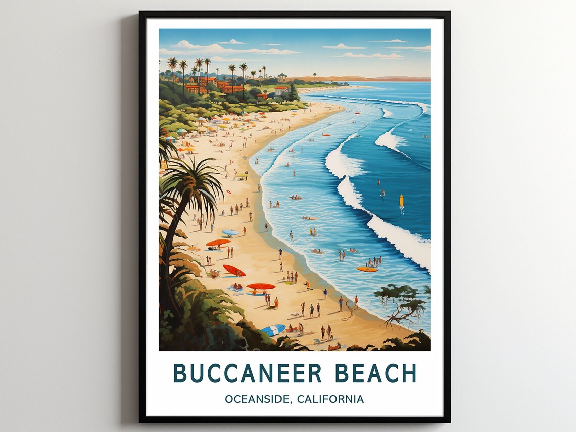 Buccaneer Beach Oceanside California Palm Surf Travel Poster