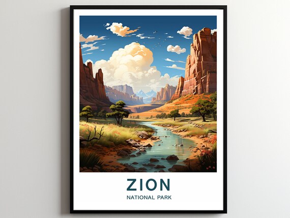 Zion National Park Red Rock Canyon River Scenic Travel Poster