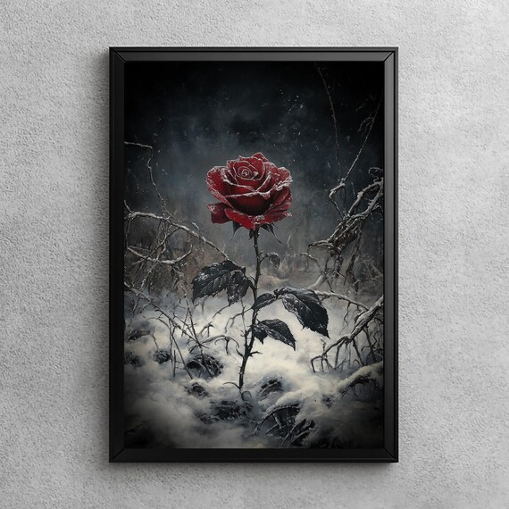 Winters Solitary Rose Gothic Oil Painting Dark Romance Wall Art Winter Prints