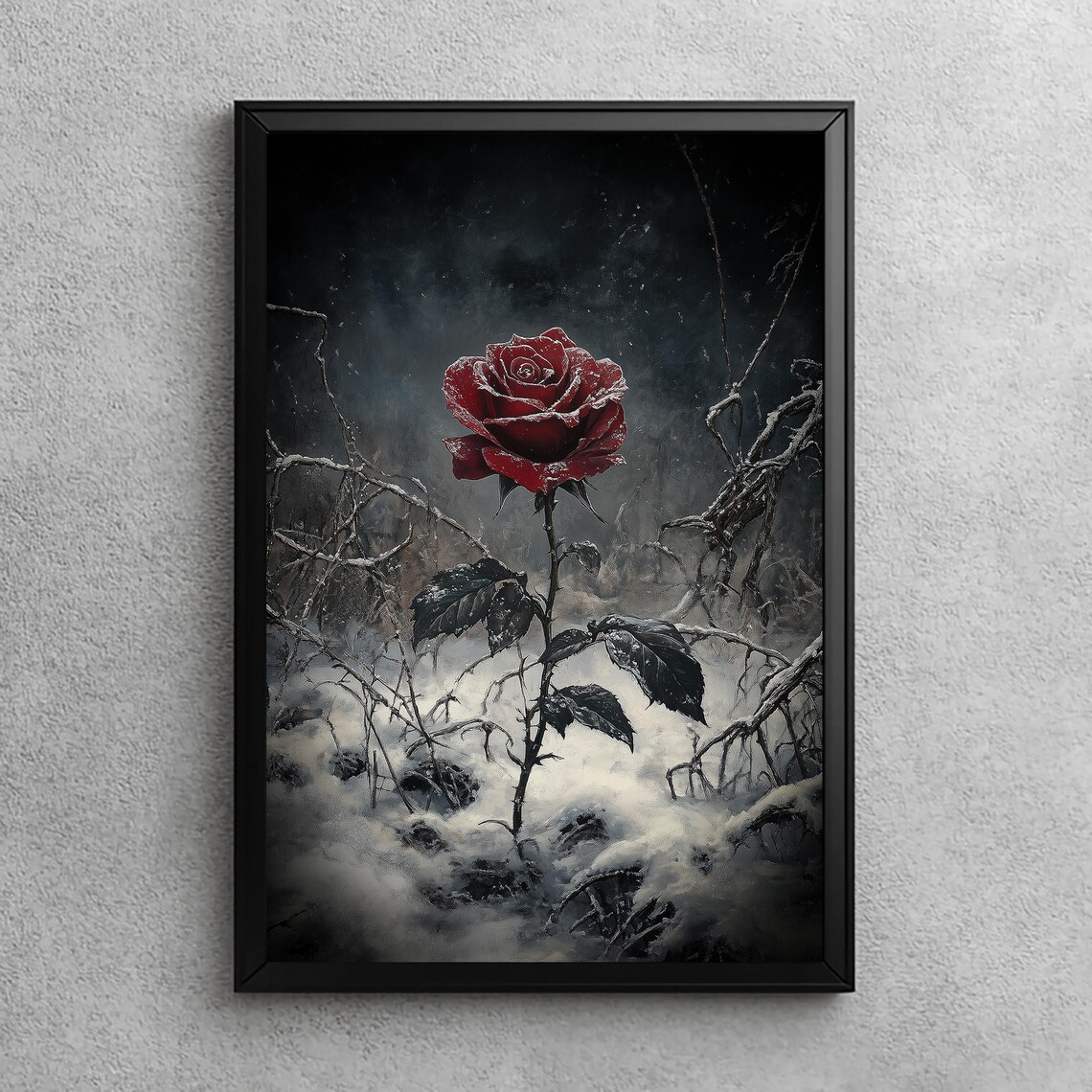 Red Rose Snow Winter Solitary Bloom Dark Gothic Oil Style Wall Art