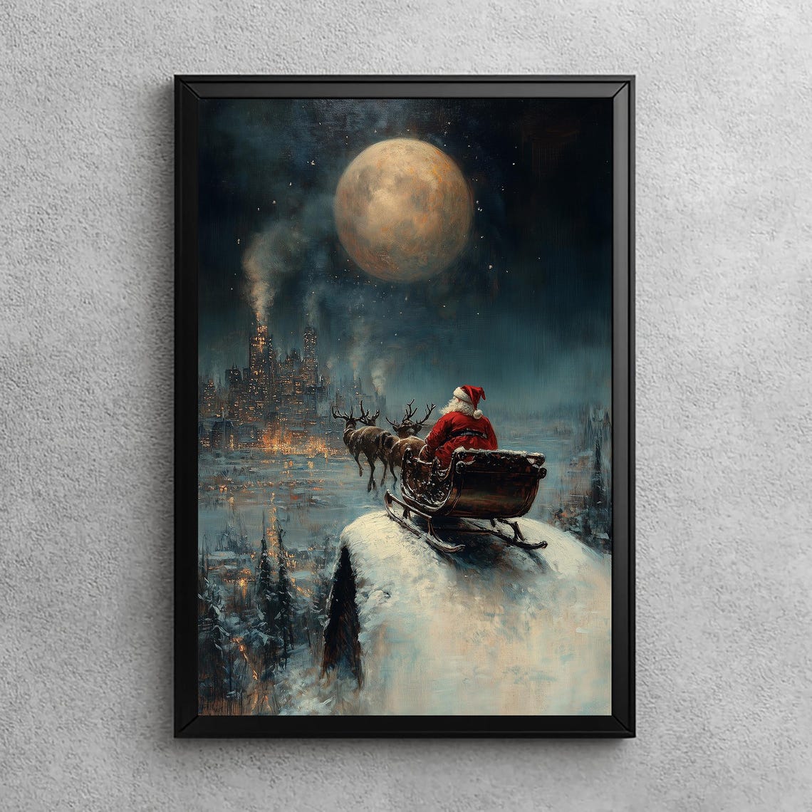 Santa Claus Sleigh Ride Over Moonlit City Christmas Night Poster