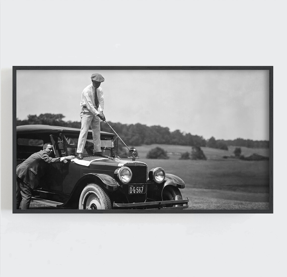 Vintage Golf Photo Man Teeing Off Antique Car Hood Black White Print - Image 3