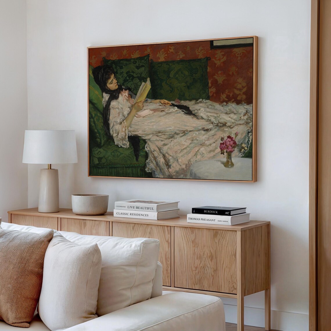 Woman Reading Book On Green Velvet Sofa Vintage Painting Art Print - Image 3