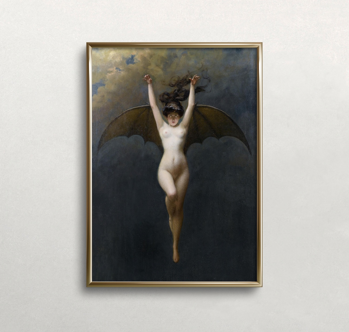 Flying Bat Woman With Spread Wings Dark Vintage Oil Painting Poster