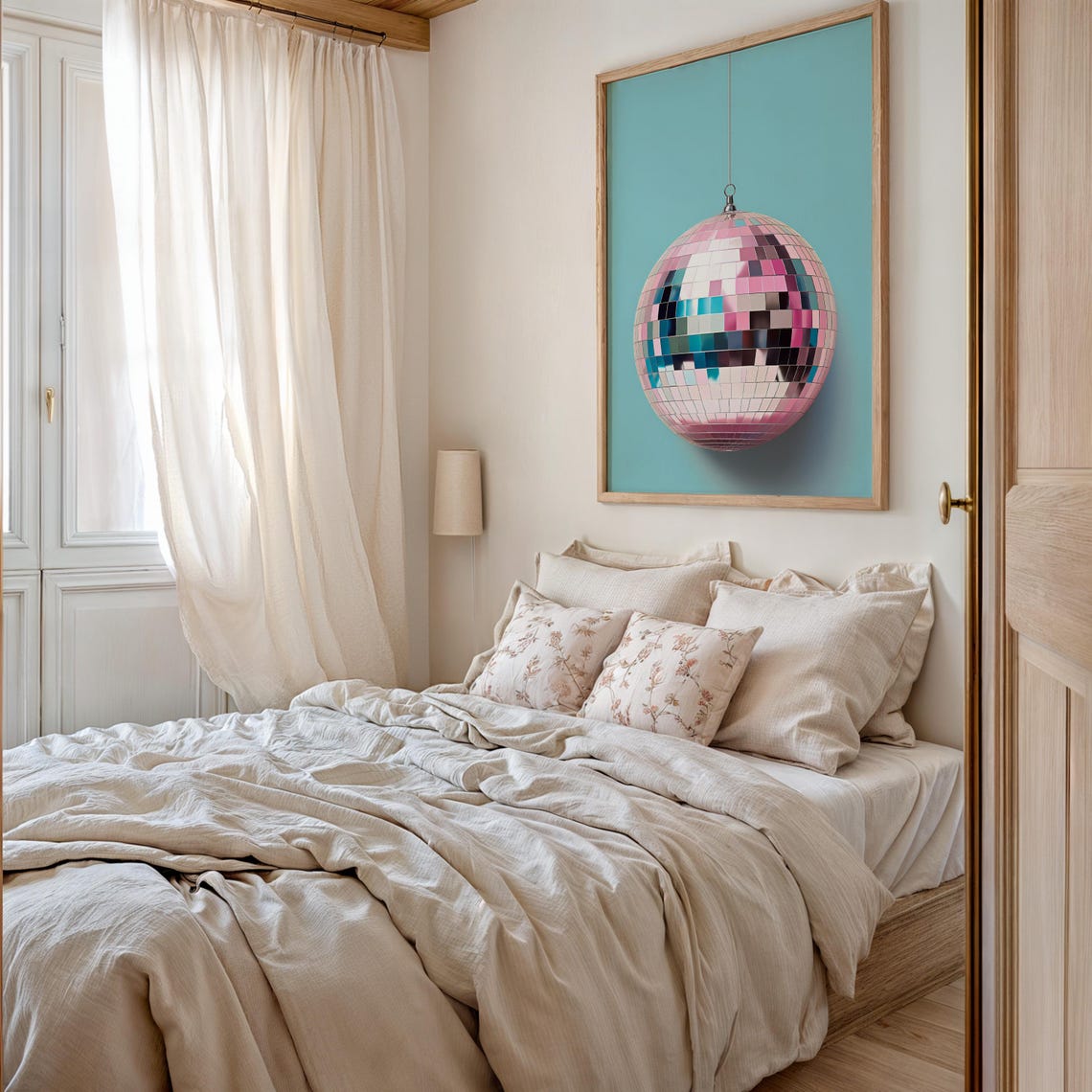 Pink Disco Ball Mirror Ball Teal Backdrop Fun Retro Wall Poster - Image 2