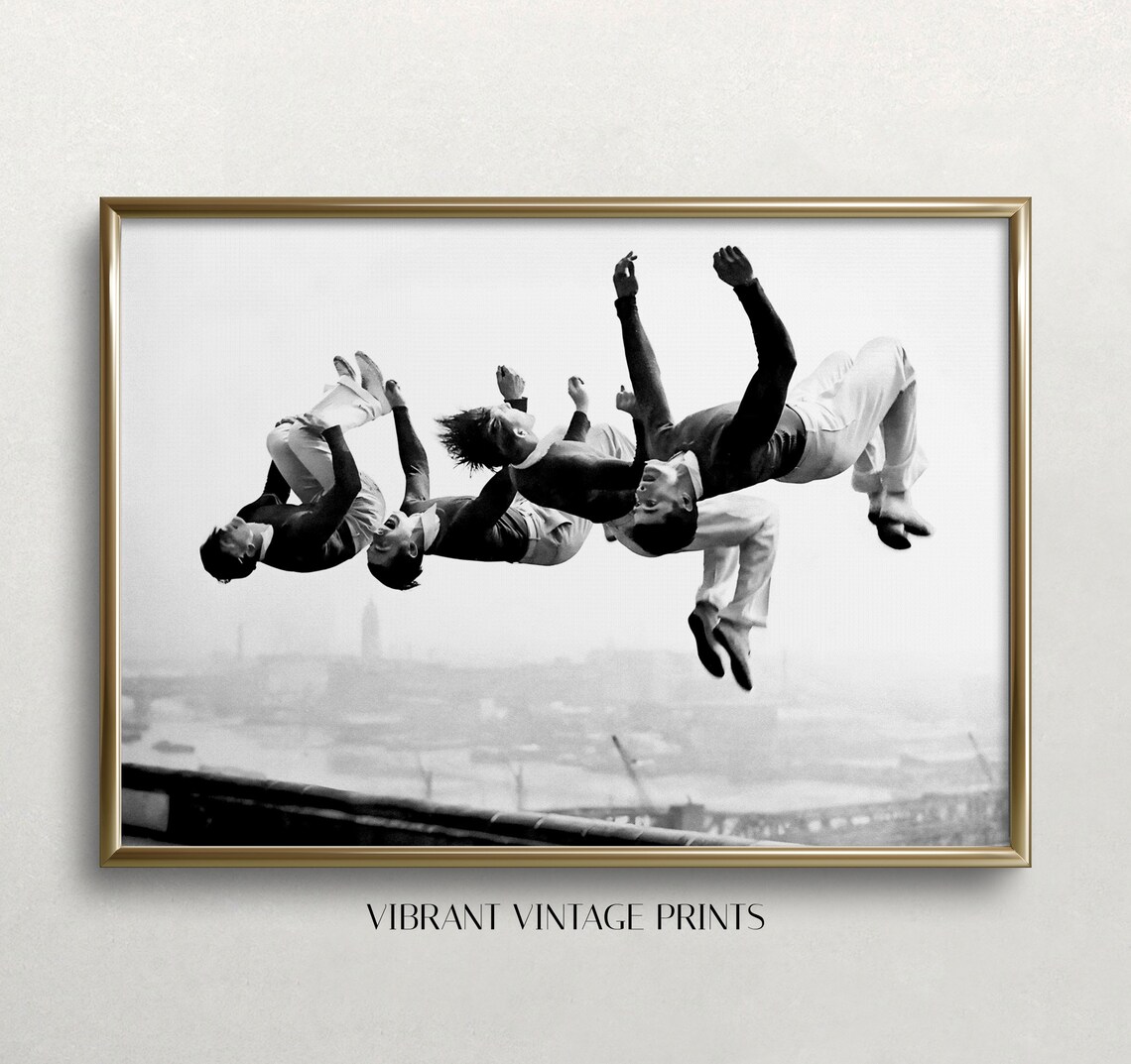 Men Backflipping Off Roof Black And White Vintage Sports Print