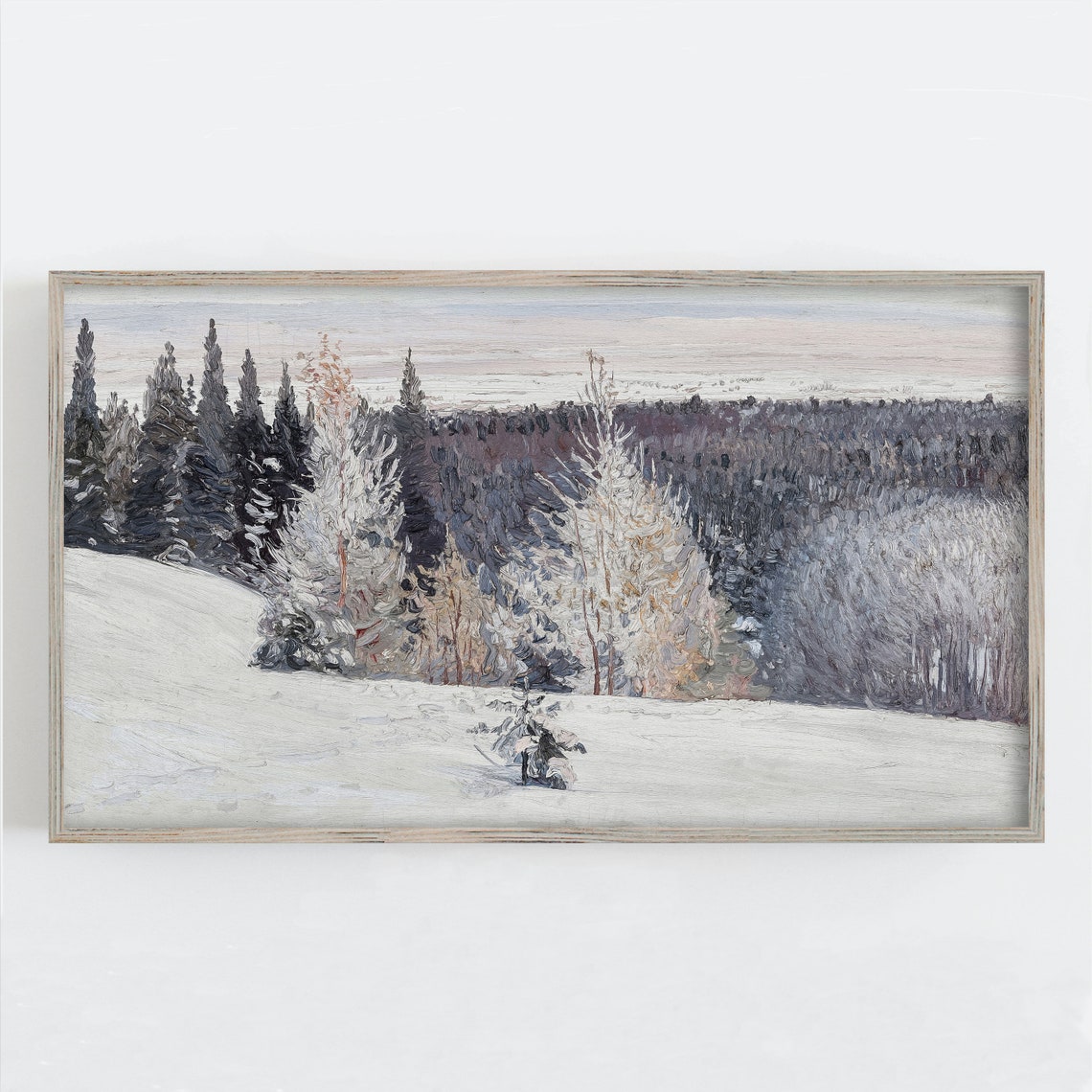 Frosted Pines Snowy Hillside Winter Dawn Landscape Painting Print
