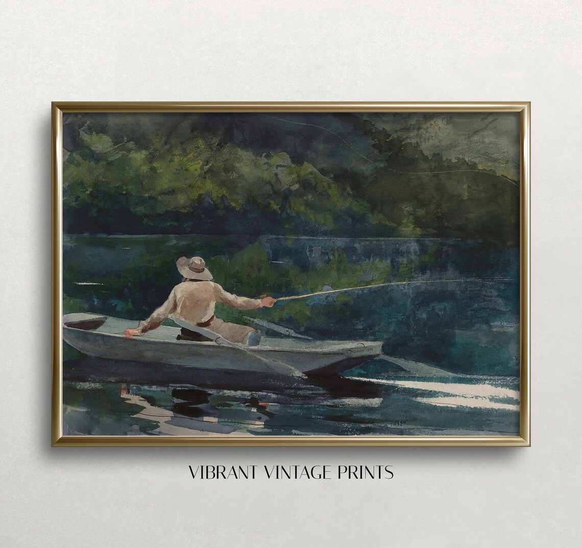 Vintage Fisherman Boat On Lake, Neutral Decor Art Print
