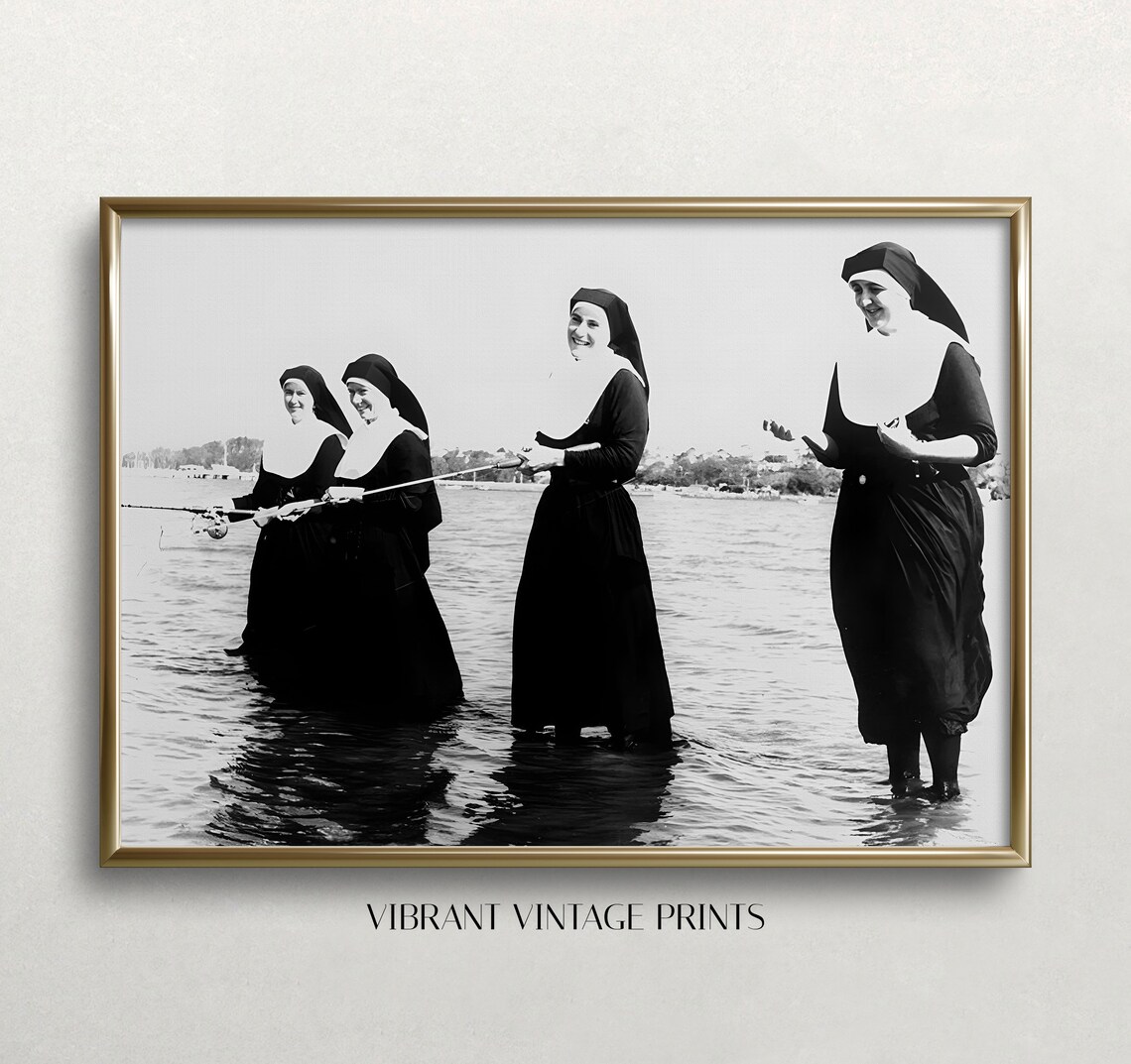 Nuns Fishing in the Water Funny Black and White Vintage Photo Wall Art