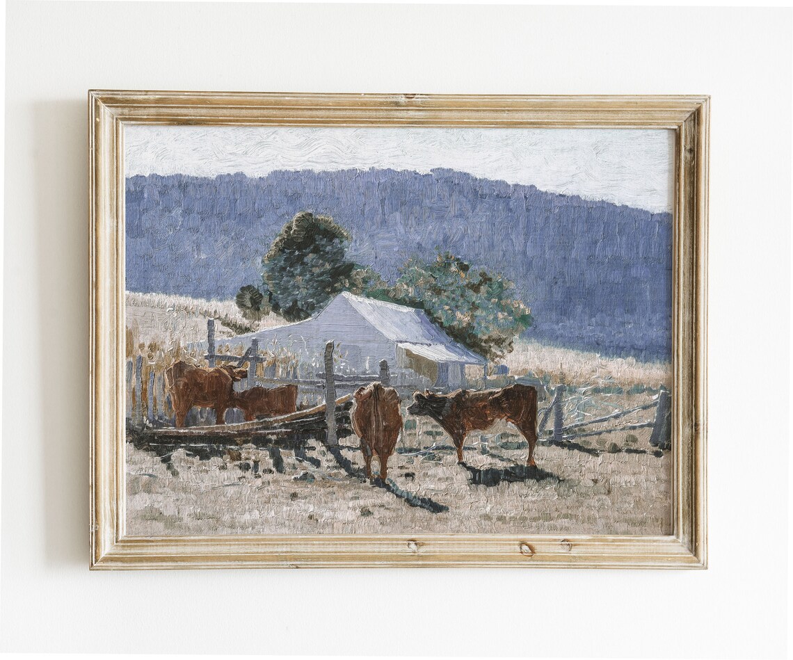 Cows in Pasture Vintage Muted Neutral Farm Oil Painting Wall Art - Image 3