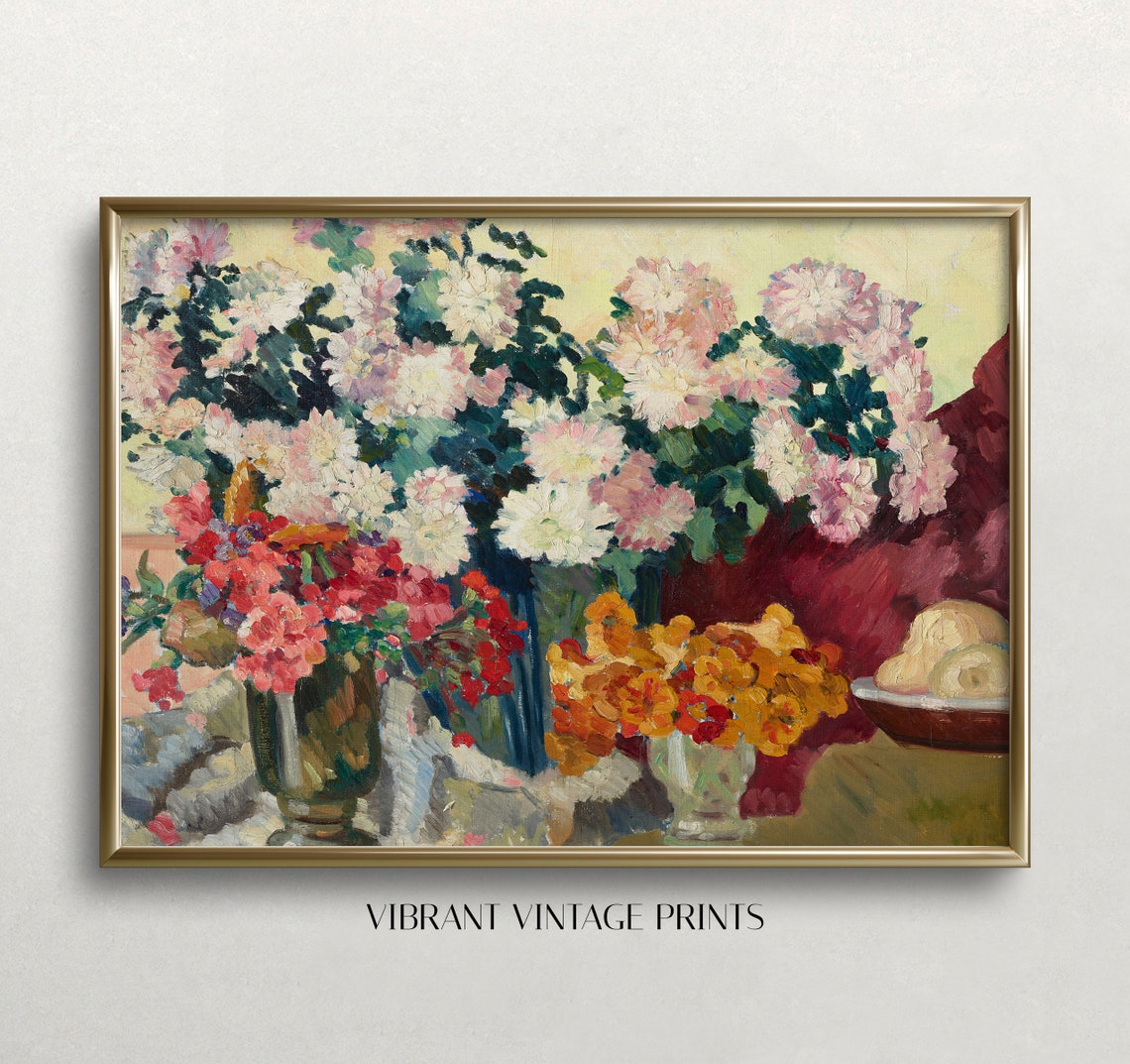 Impressionist Chrysanthemum Bouquet Vintage Floral Still Life Wall Art