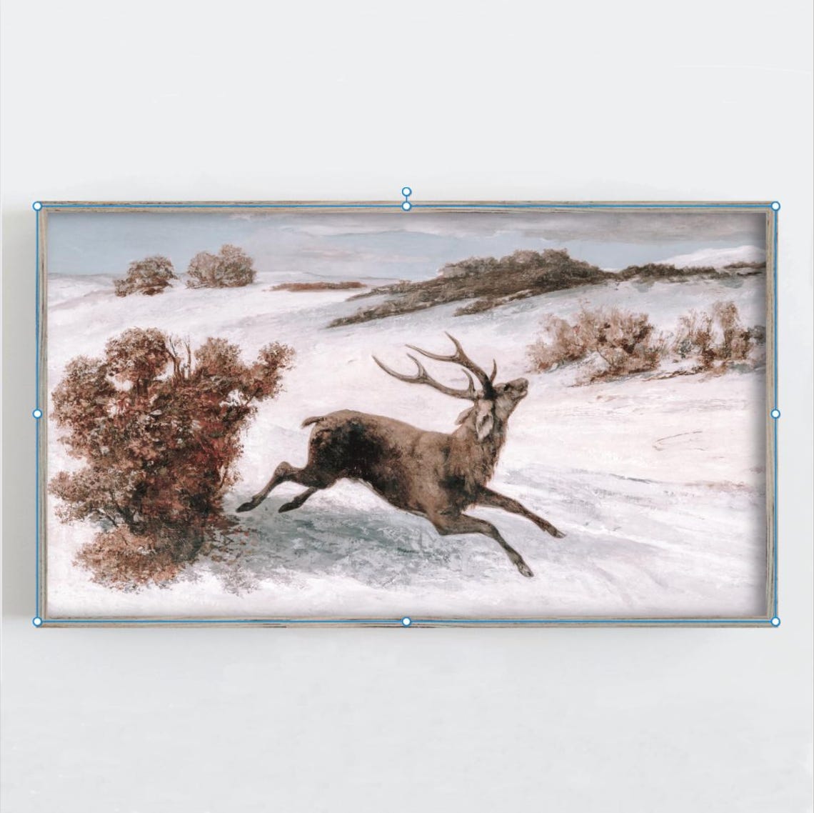 Red Deer Stag Leaping Through Snow Vintage Wildlife Painting Poster