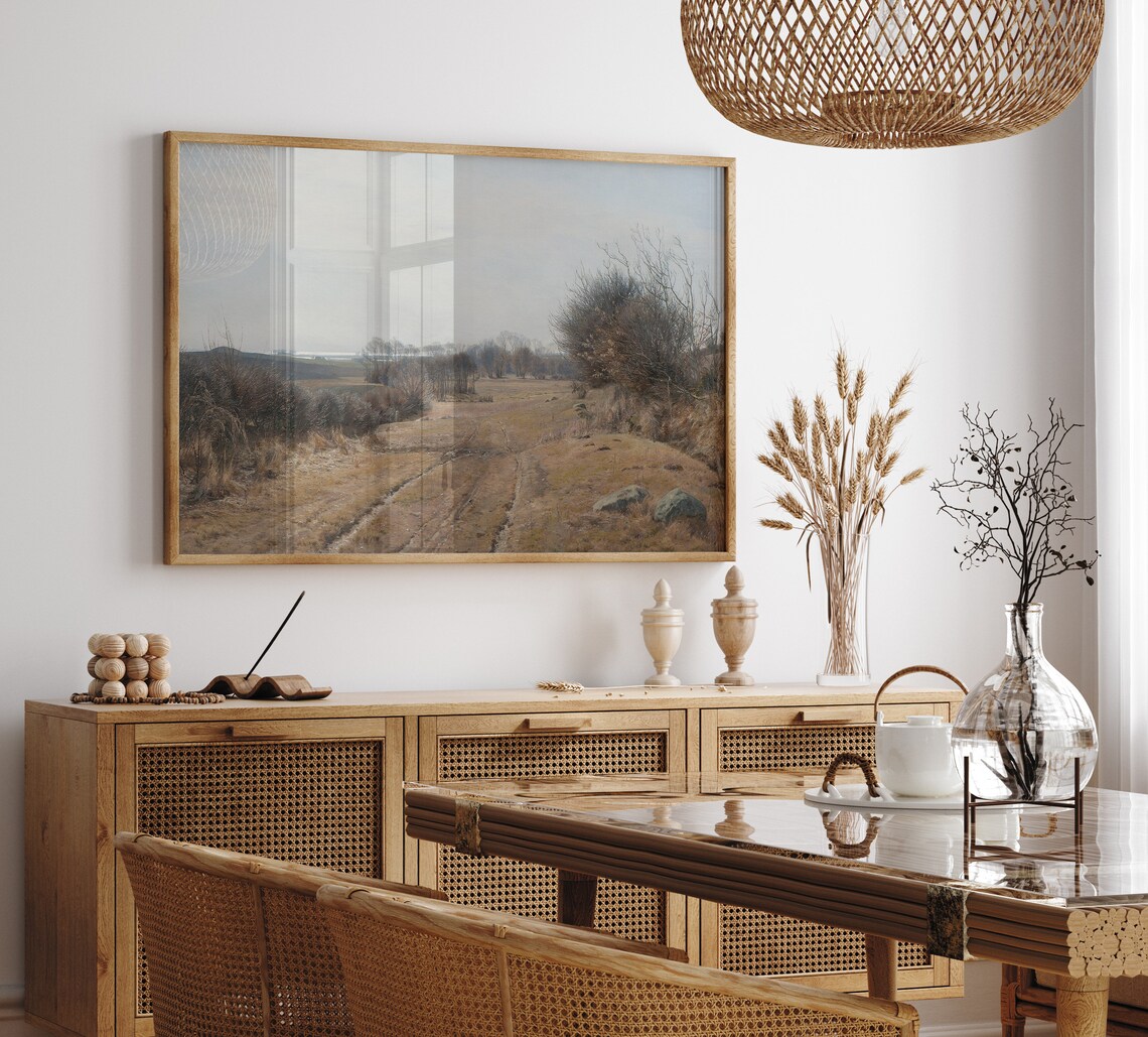 Quiet Dirt Road Through Brown Fields Vintage Landscape Painting Poster - Image 3