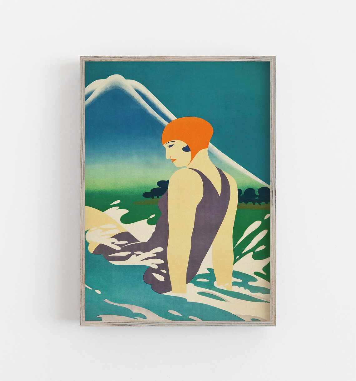Japan Mount Fuji Swimmer Art Deco Woman Vintage Travel Poster