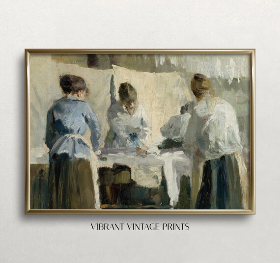 Three Women Ironing Laundry Impressionist Vintage Muted Wall Art Poster