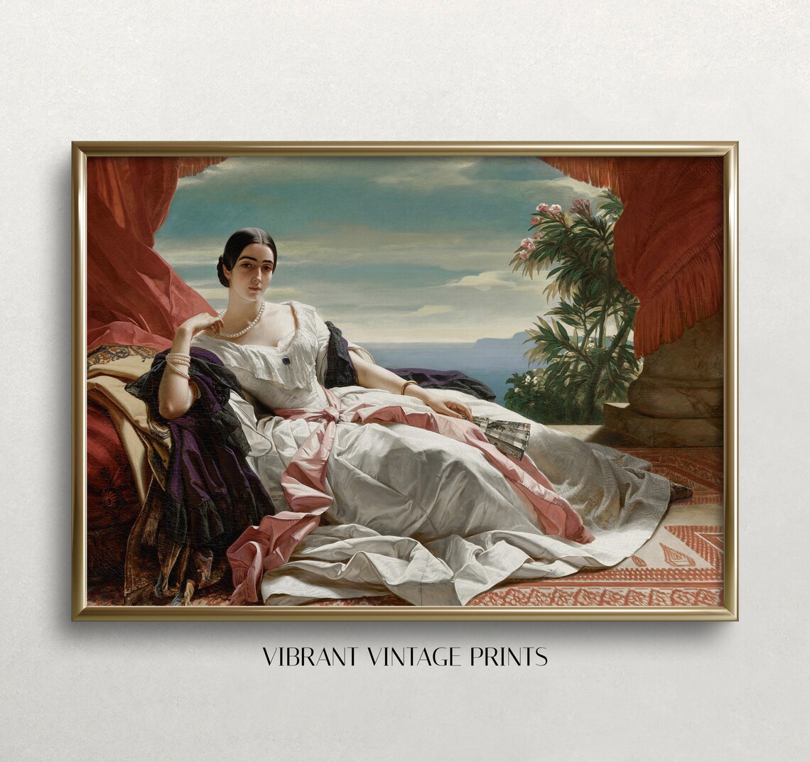 Reclining Woman in White Gown on Terrace Overlooking the Sea Poster
