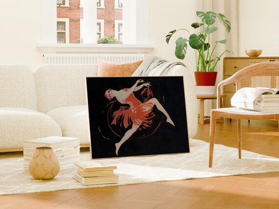 Stylized Dancer In Red Dress On Black Background Art Deco Poster