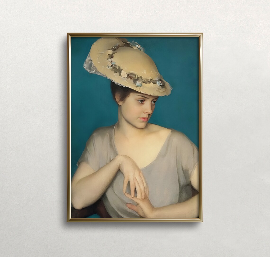 Young Woman in Straw Hat With Flowers Soft Pastel Vintage Portrait Print