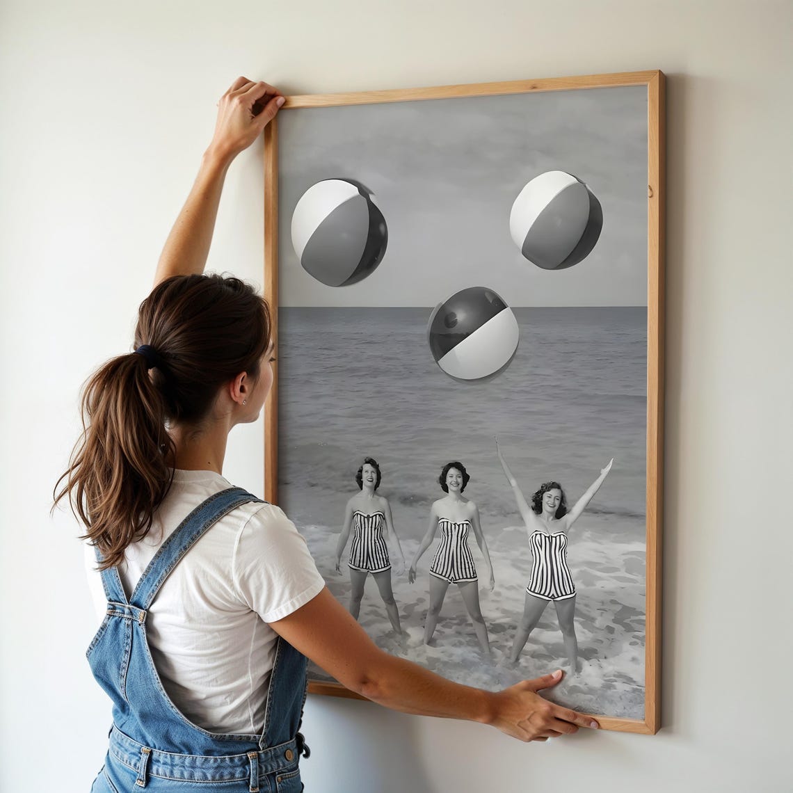 Retro Black And White Photo Three Women In Striped Swimsuits Poster - Image 2