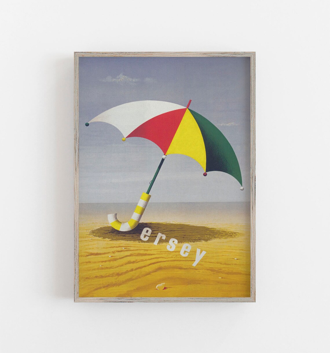 Jersey Beach Colorful Umbrella Golden Sand Retro Travel Poster
