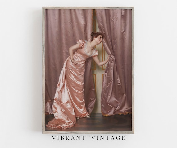 Regency Woman Pink Satin Gown Peeking Through Curtains Wall Art