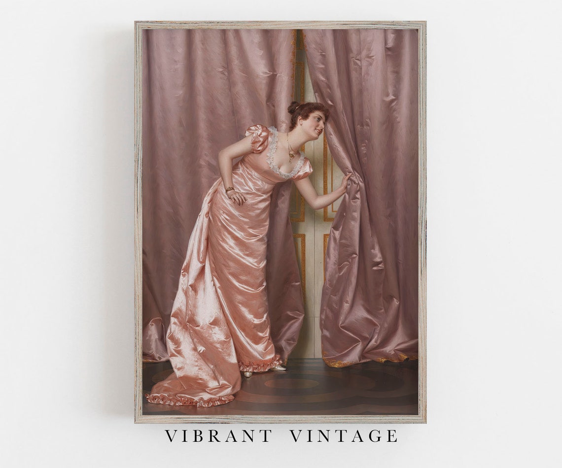 Regency Woman Pink Satin Gown Peeking Through Curtains Wall Art