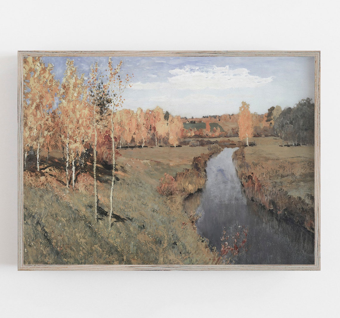 Autumn Birch Trees River Landscape Muted Fall Countryside Scene Print