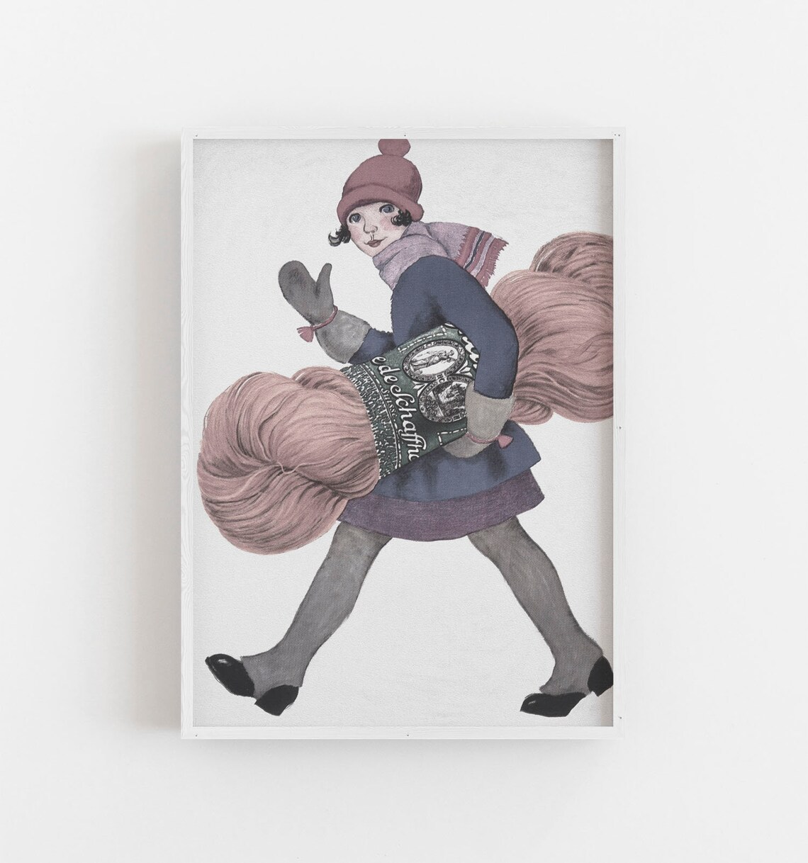 Vintage Girl Carrying Yarn Bundles Knitting Craft Retro Style Poster - Image 2
