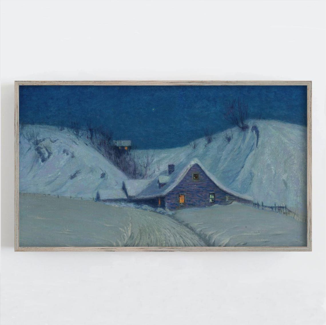 Snowy Cabin at Night Glowing Windows Winter Nocturne Painting Poster