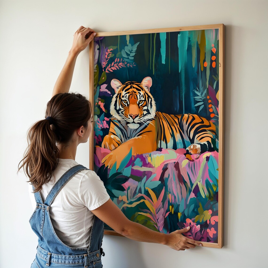Colorful Tiger Resting In Lush Jungle Foliage Wild Animal Art Print - Image 2