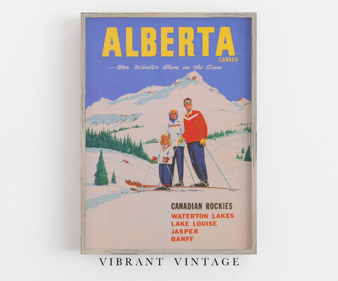 Alberta Canada Retro Ski Travel Poster, Vintage