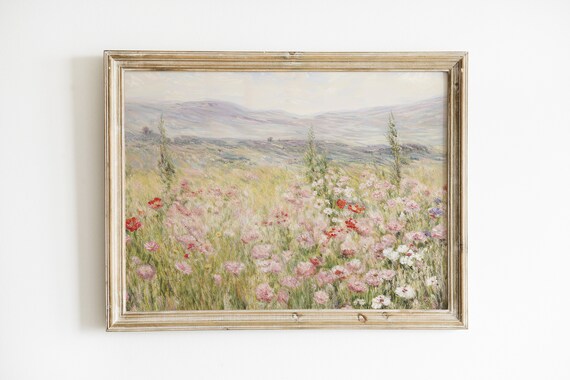 Soft Pink Wildflower Meadow Hills Impressionist Spring Art Poster