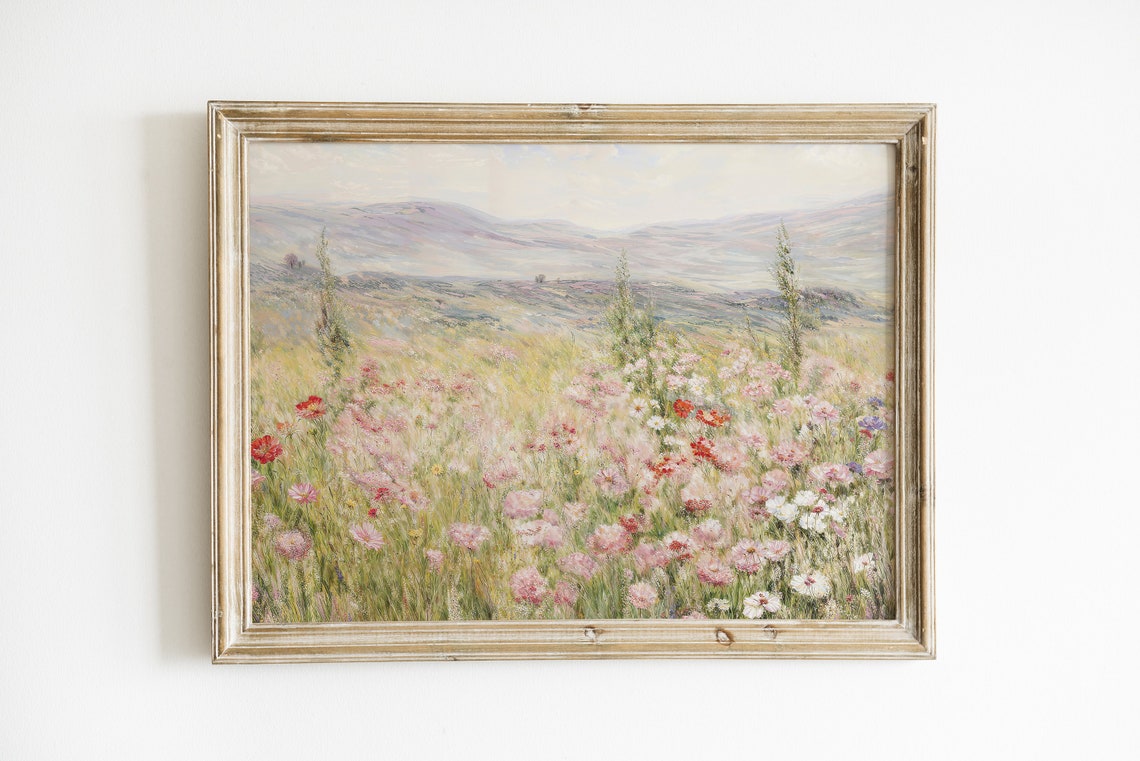 Soft Pink Wildflower Meadow Hills Impressionist Spring Art Poster