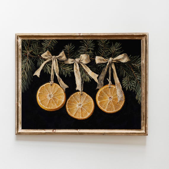 Christmas Wall Art Kitchen Moody Botanical Citrus With Bows Dark Vintage Modern Rustic Painting