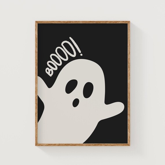Boooo Ghost Cute Retro Black Spooky Halloween Nursery Art Poster