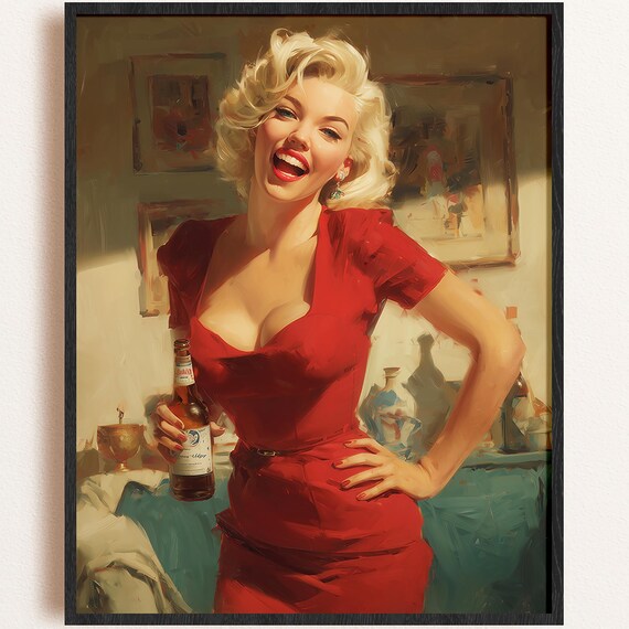 1950s Blonde Pinup Girl Beer Bottle Retro Hollywood Glamour Bar Art Poster