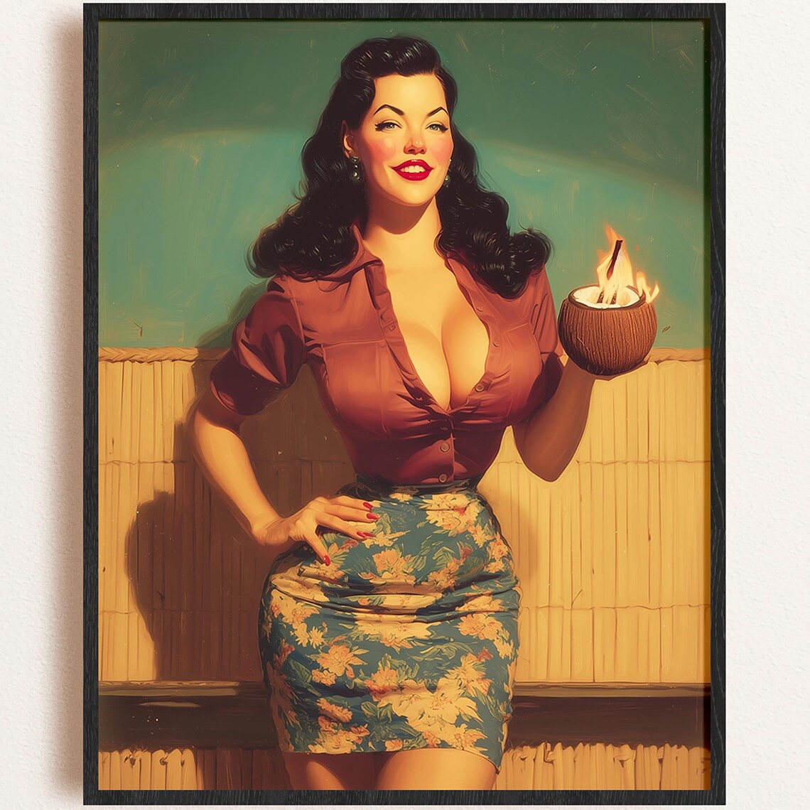 1950s Tiki Pinup Woman Flaming Coconut Retro Beach Bar Poster