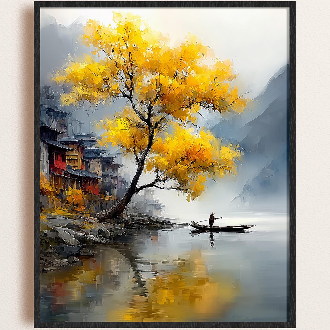 Golden Autumn Tree Riverside Village Fisherman Zen Art Poster