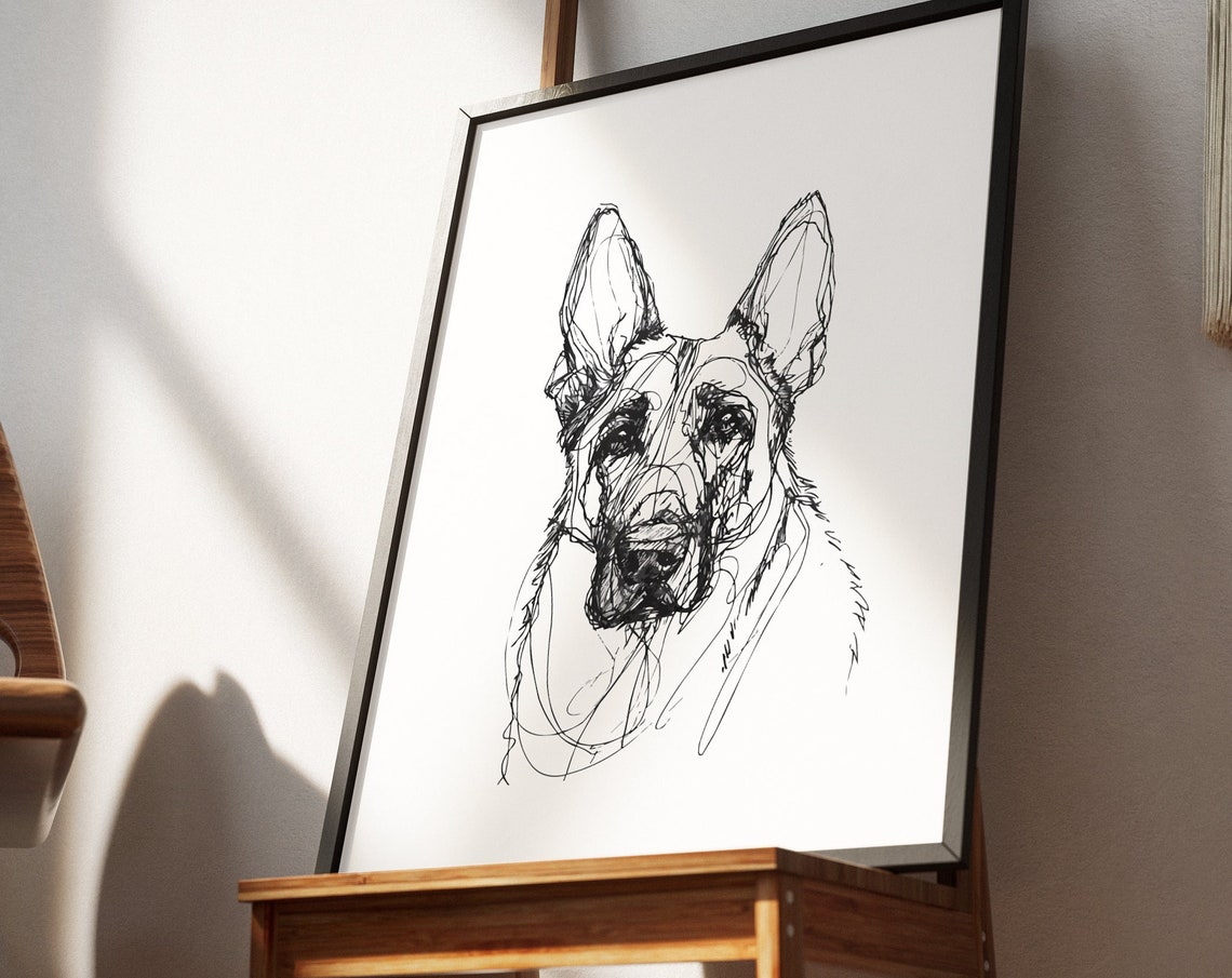 German Shepherd Head Alert Intense Dynamic Sketch Portrait Poster