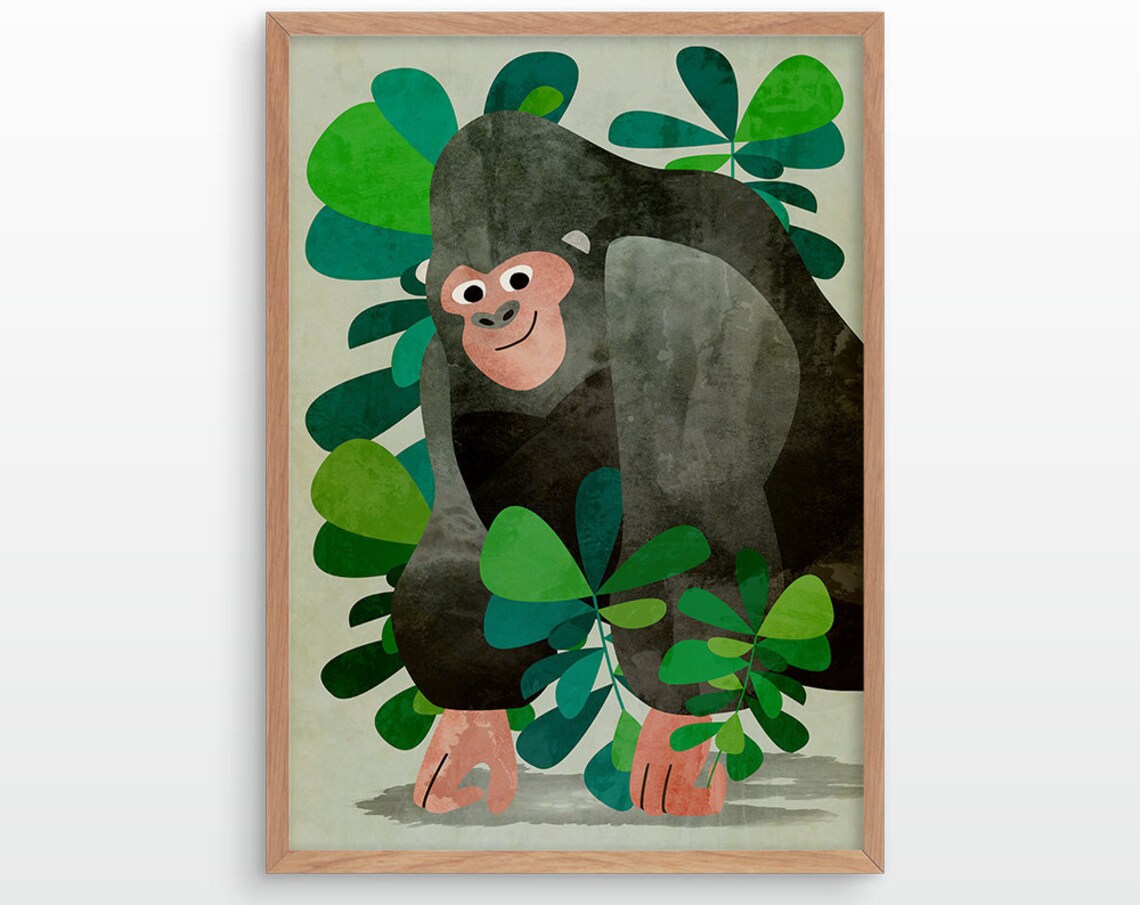 Friendly Gorilla Jungle Leaves Watercolor Nursery Kids Room Art Poster